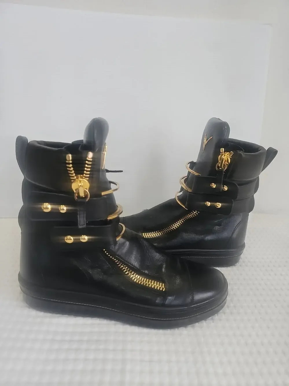 Giuseppe Zanotti Black Leather High Top Boot Sneakers Gold Zipper EU 43